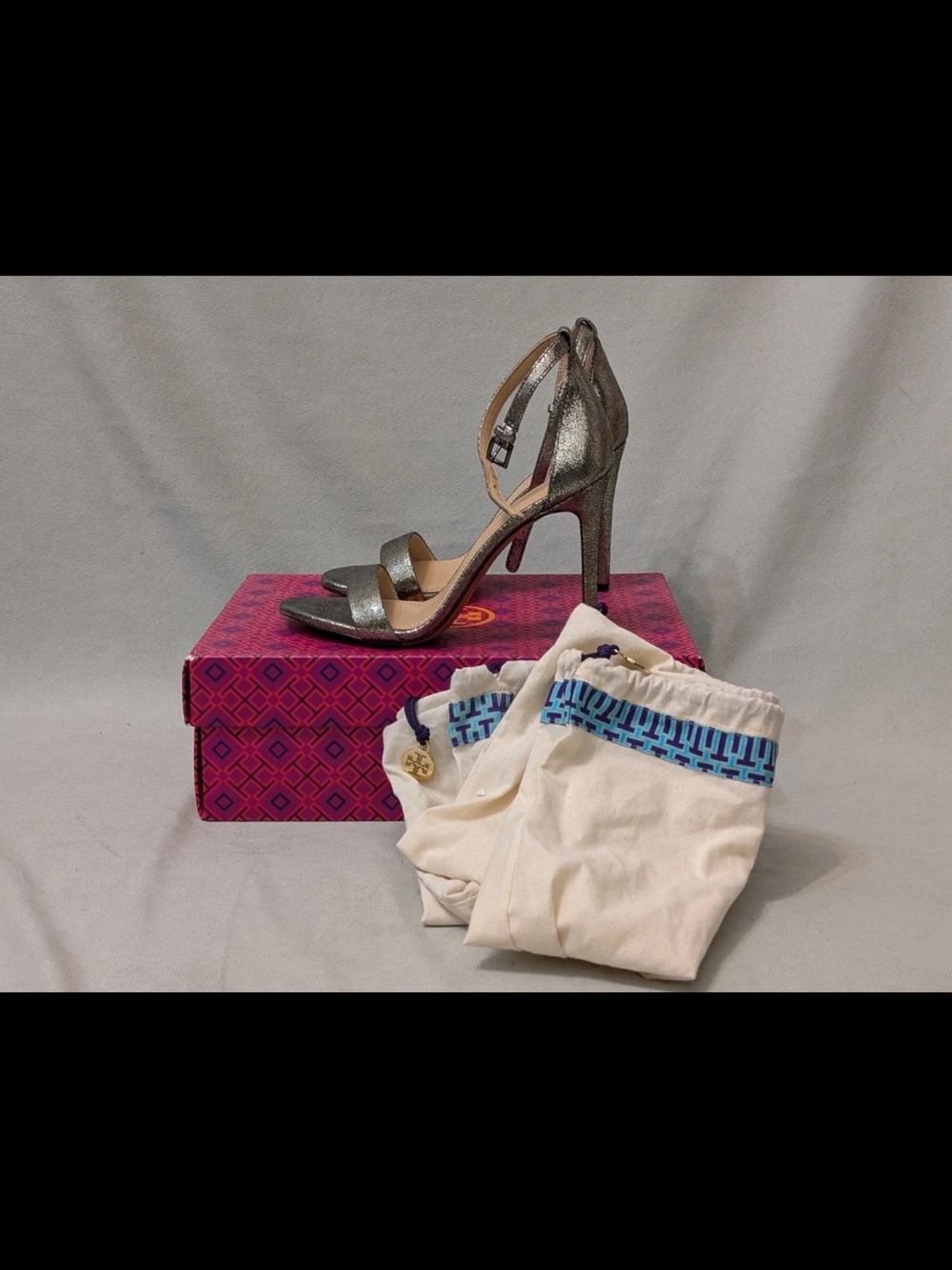 Tory Burch Keri 100mm Sandal Pewter Micro Craq Metallic Stiletto Heel Size 8